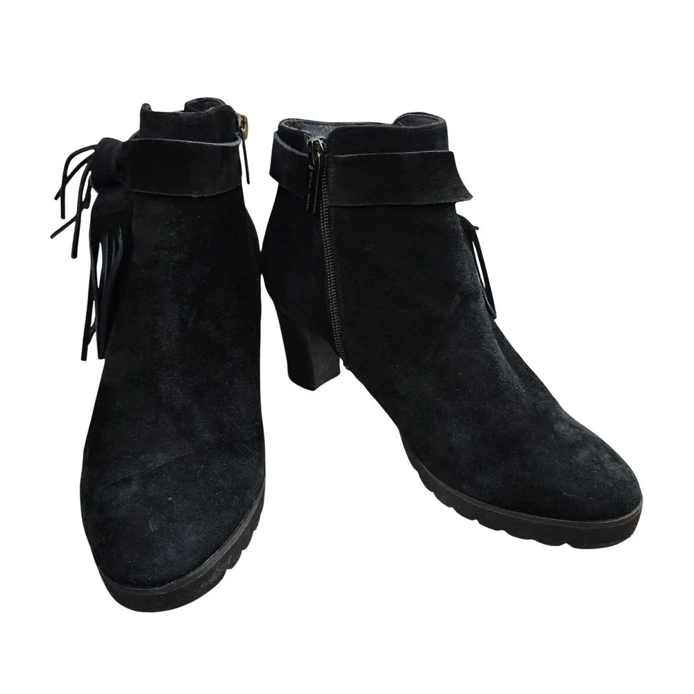 Sacha London Black Suede Tie Fringe Heeled Ankle Boots Side Zip‎ Women Sz 9